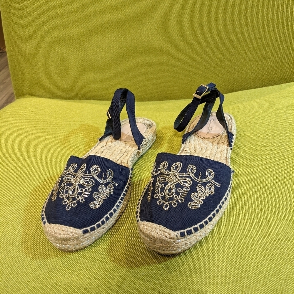 Oscar de la Renta Navy Embroidered Espadrilles Ankle Strap Flats US 10